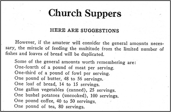 Table showing amount of food needed for church suppers